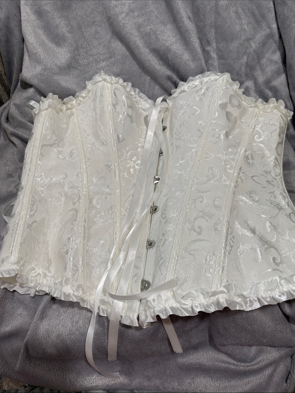 Amazon White Satin Jacquard Lace Corset Top with Ribbon Trim